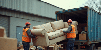 Centre de recyclage moderne avec un ouvrier soulevant un canapé beige