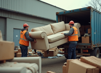 Recyclage canapés : qui en assure la récupération ? Centre de recyclage moderne avec un ouvrier soulevant un canapé beige