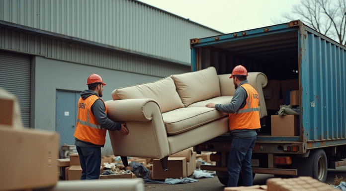 Centre de recyclage moderne avec un ouvrier soulevant un canapé beige