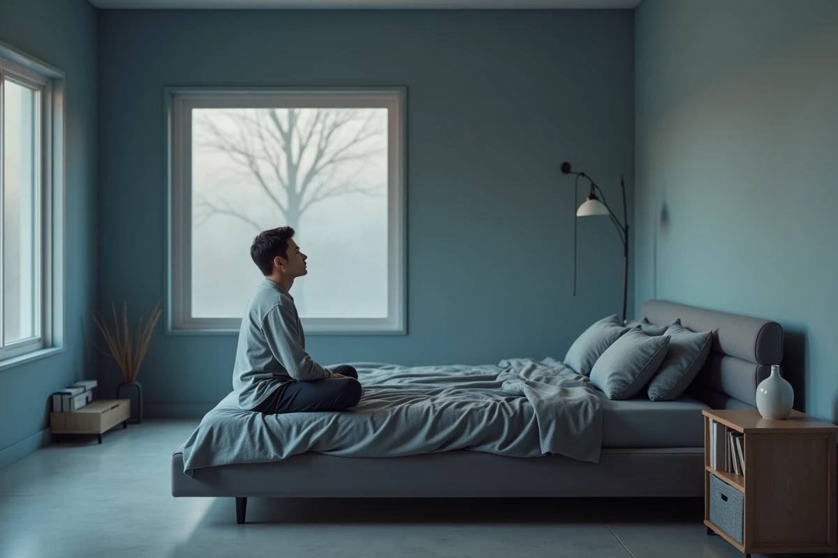 Chambre adulte avec peinture bleu-gris apaisant pour améliorer la qualité du sommeil