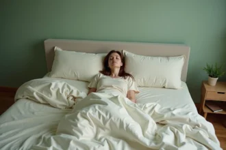 Chambre adulte peinte en vert sauge doux avec literie ivoire pour favoriser un sommeil profond