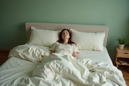 Chambre adulte peinte en vert sauge doux avec literie ivoire pour favoriser un sommeil profond