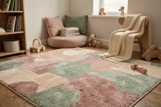 Chambre d'enfant chaleureuse avec moquette isolante thermique en laine aux motifs pastel, coin lecture douillet et jouets en bois