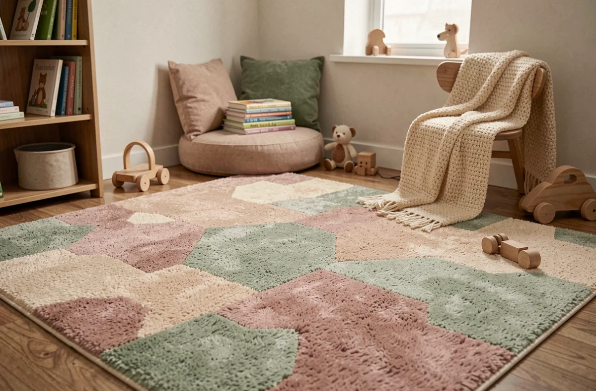 Chambre d'enfant chaleureuse avec moquette isolante thermique en laine aux motifs pastel, coin lecture douillet et jouets en bois
