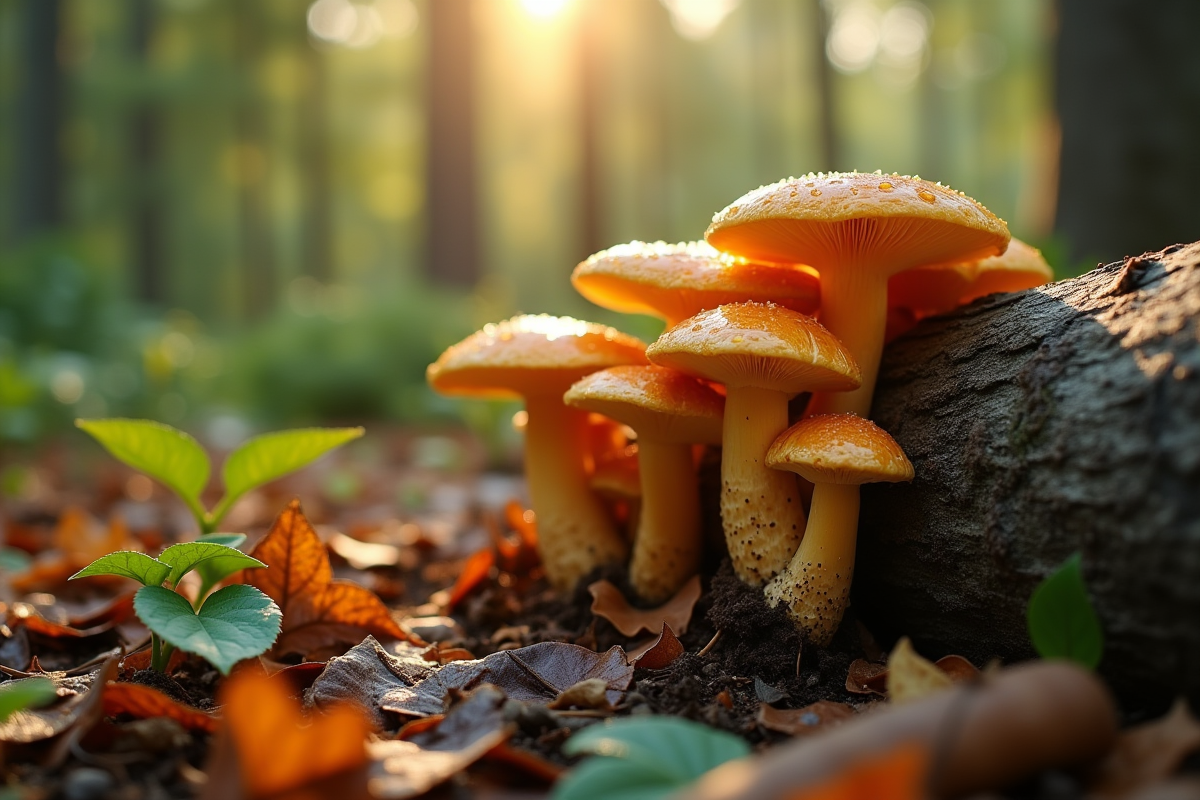 Chanterelles poussant sur un bois dans un jardin ensoleille