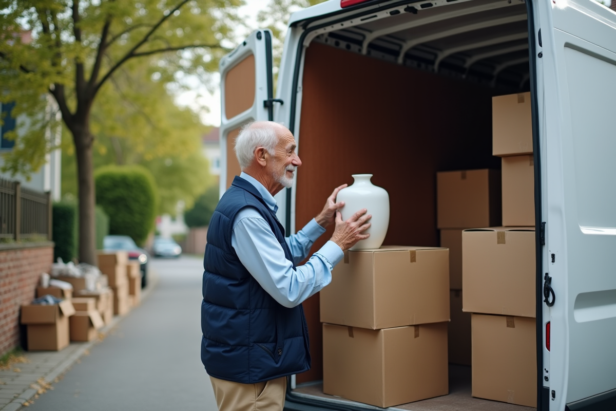 Homme âgé chargeant un vase dans une camionnette dans un quartier résidentiel