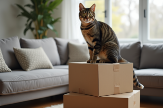 Chat tabby assis sur des cartons dans un salon cosy