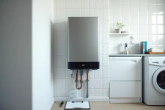 Chaudière électrique murale moderne installée dans une buanderie résidentielle propre avec affichage numérique et raccordements visibles