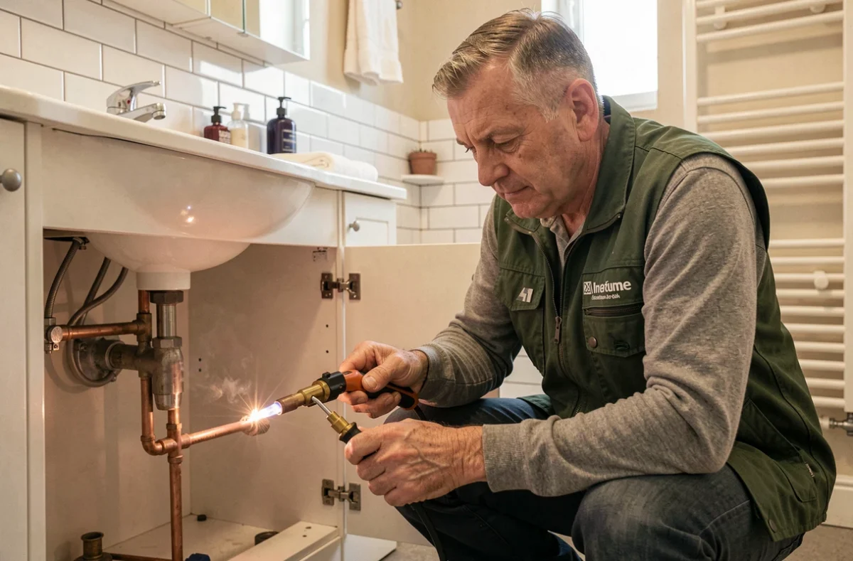 Technicien plombier-chauffagiste soudant des raccords en cuivre sous un lavabo dans une salle de bain du Bas-Rhin