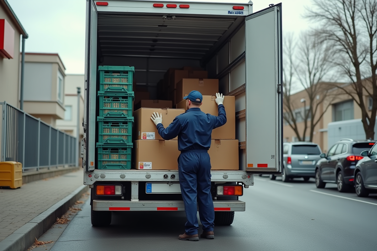 Chauffeur en tenue de travail près d'un camion frigorifique en ville
