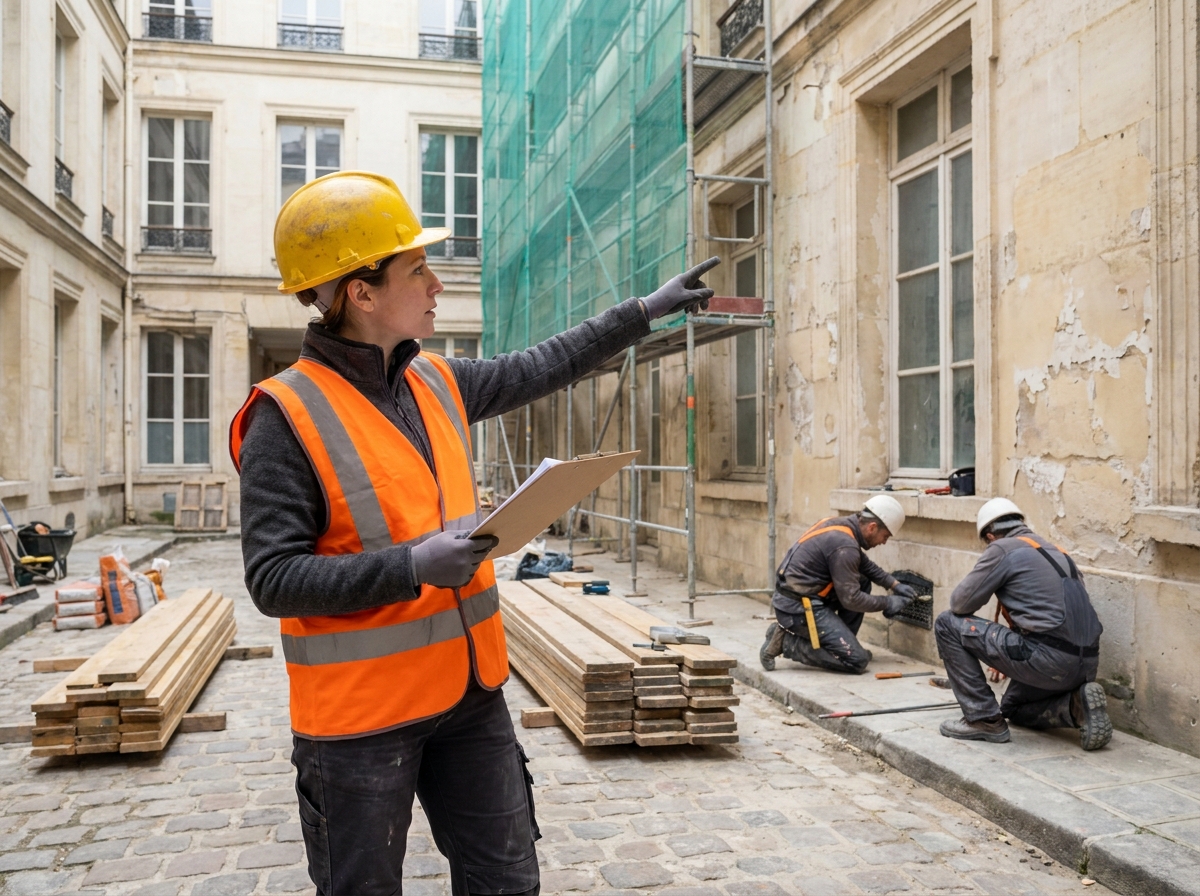 Chef de projet de rénovation en copropriété supervisant un chantier sur façade d'immeuble haussmannien avec échafaudage