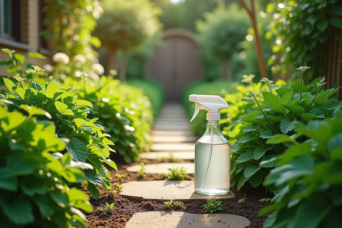 Chemin de jardin avec mauvaises herbes fanées et bouteille de vinaigre