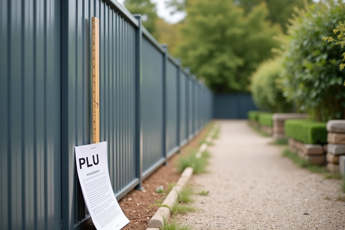 Clôture en aluminium avec mètre ruban et document PLU posés au sol dans un jardin périurbain français