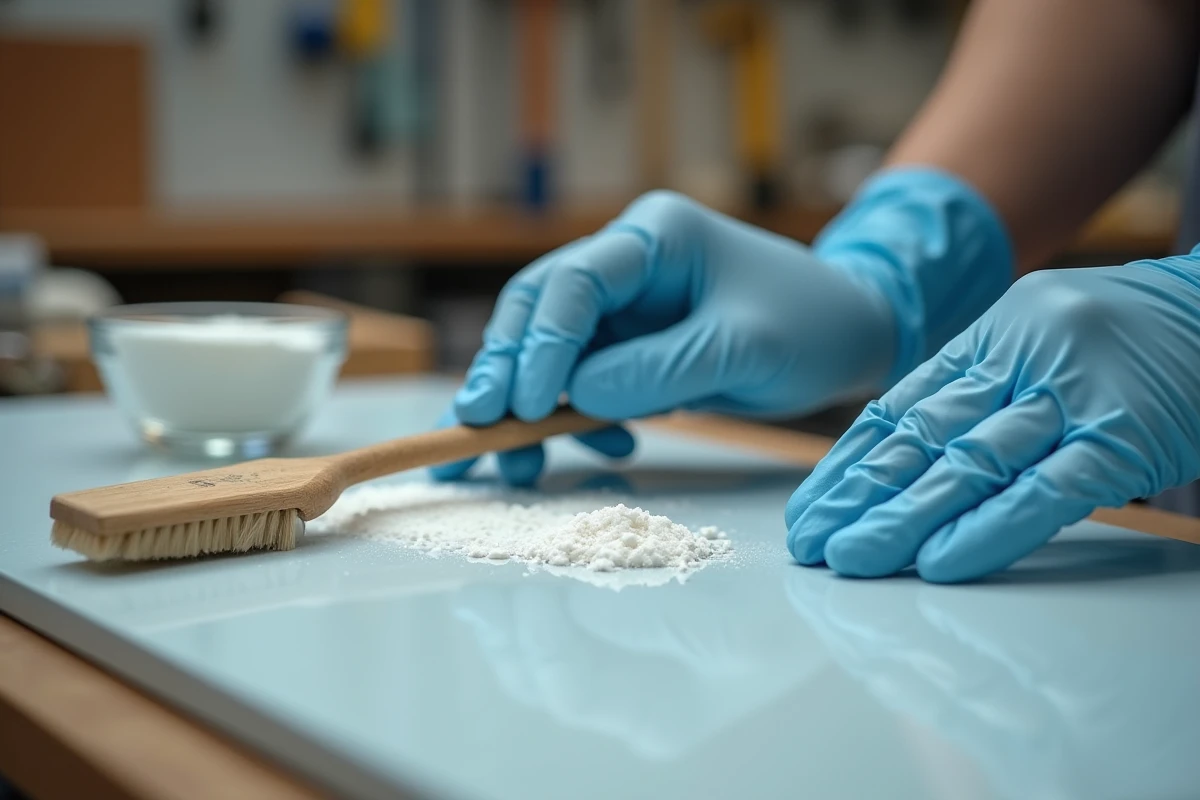 Gros plan sur des mains gantées retirant de la colle sur une surface PVC avec une spatule en bois et une pâte de bicarbonate
