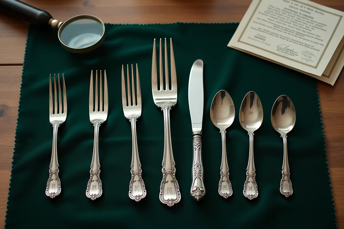 Collection de couverts en argent anciens avec poinçons visibles disposés sur velours vert pour expertise
