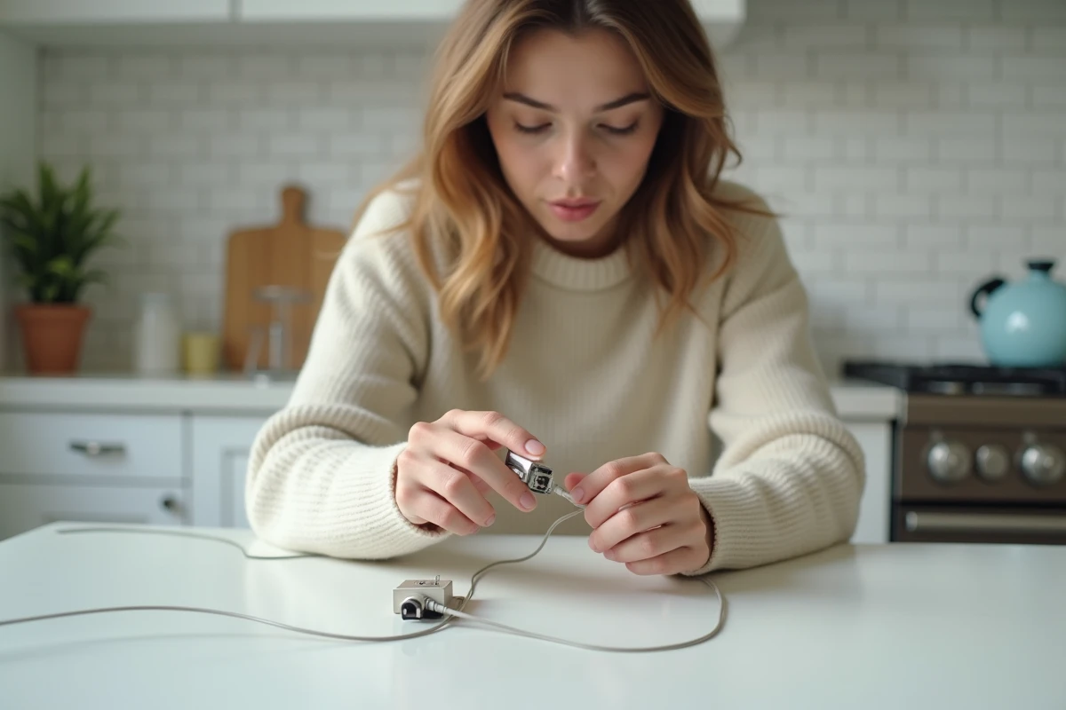 Jeune femme comparant un connecteur téléphonique vintage et un câble RJ45