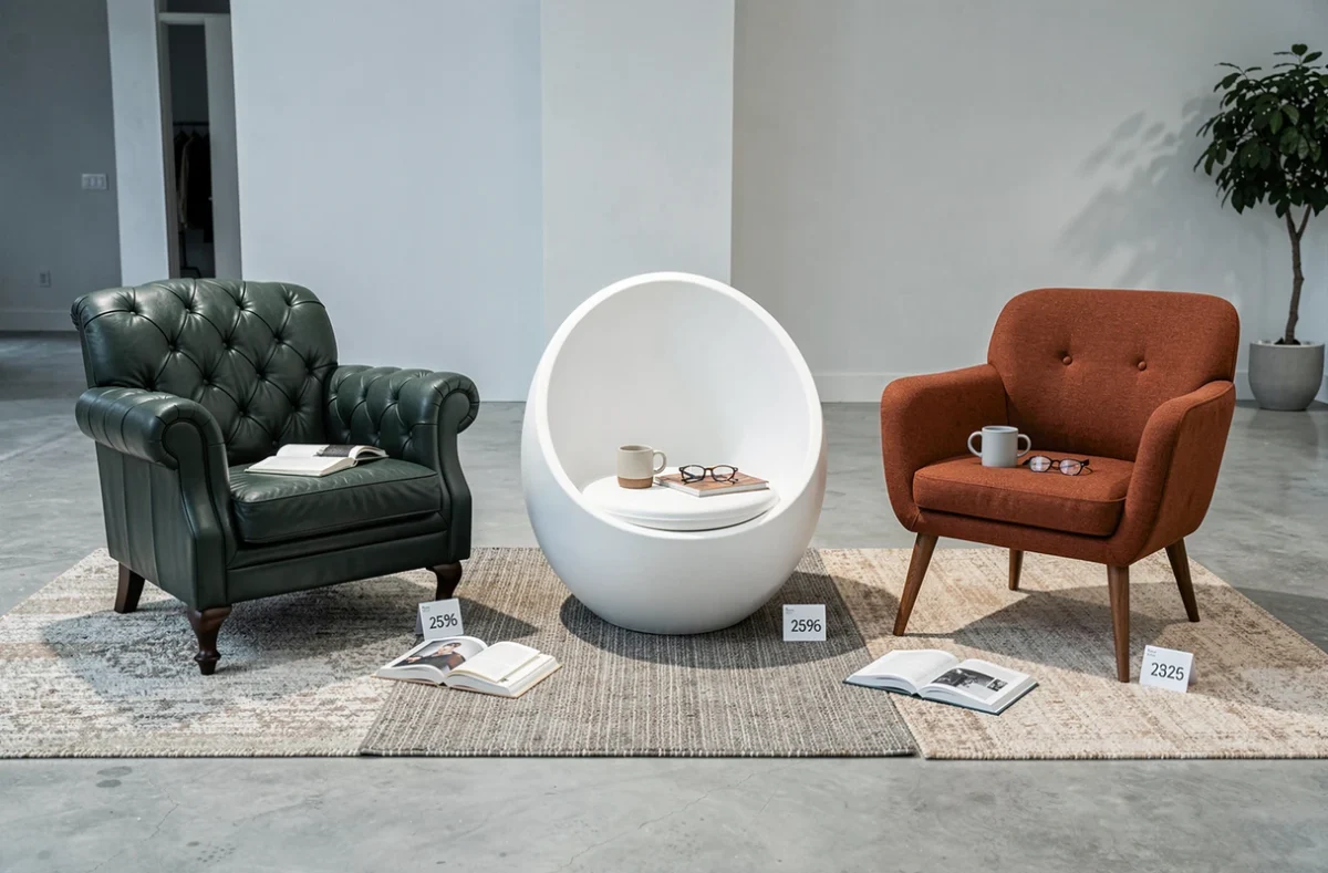 Comparaison de trois fauteuils de lecture design dans un showroom contemporain pour guide d'achat