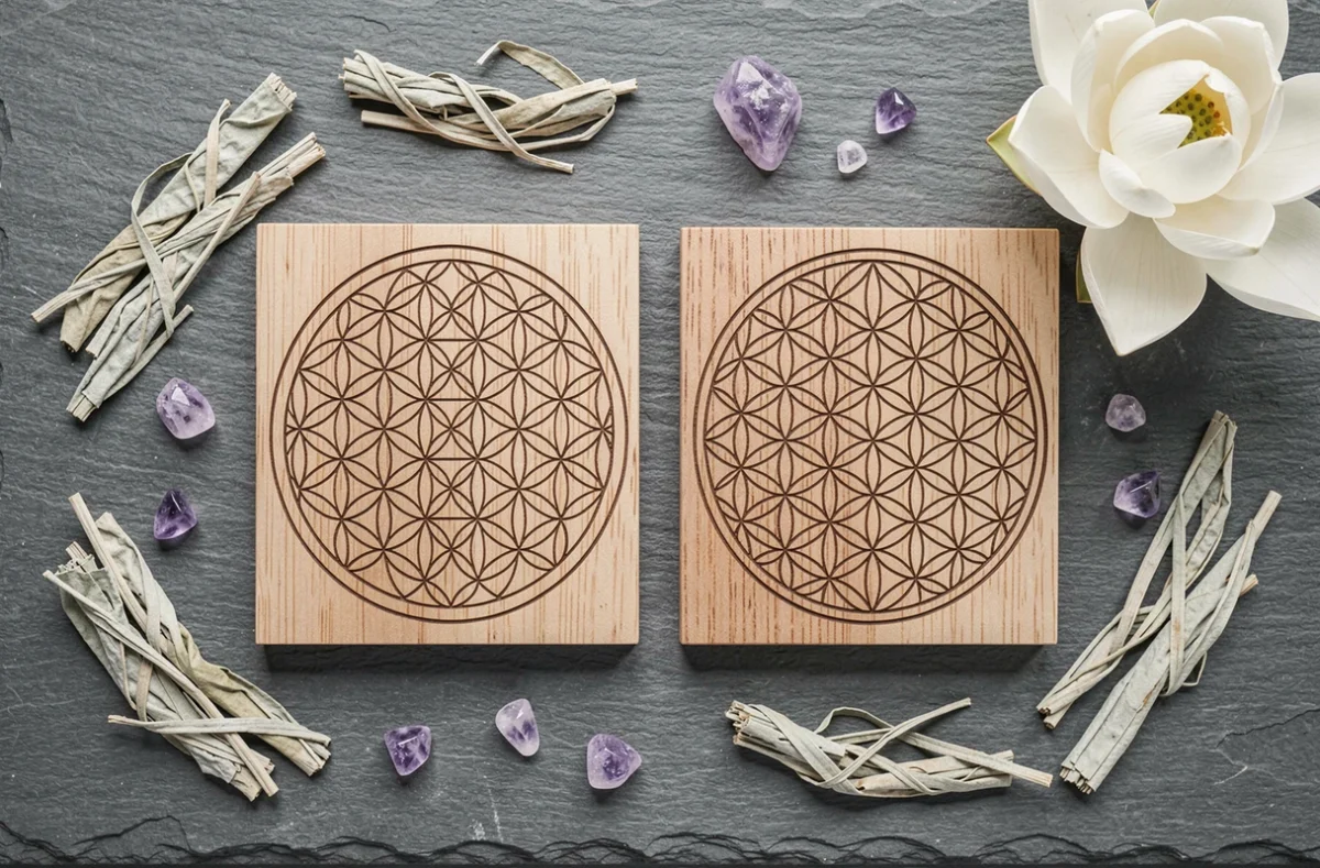 Vue de dessus comparative entre un mandala graine de vie et un mandala fleur de vie gravés sur bois, entourés de cristaux et de feuilles de sauge séchée