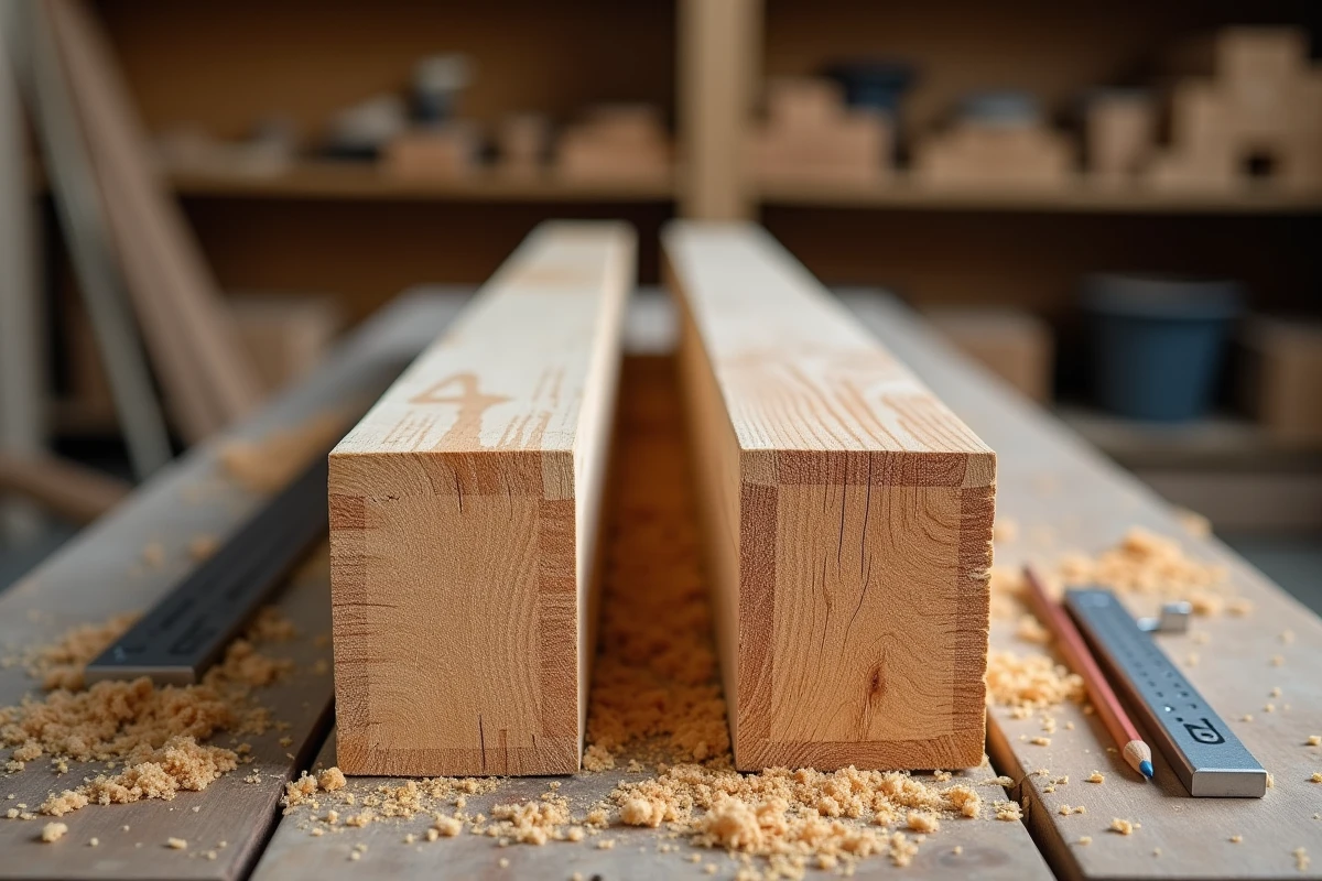 Comparaison en gros plan d'une lambourde et d'une solive en bois sur établi de charpentier