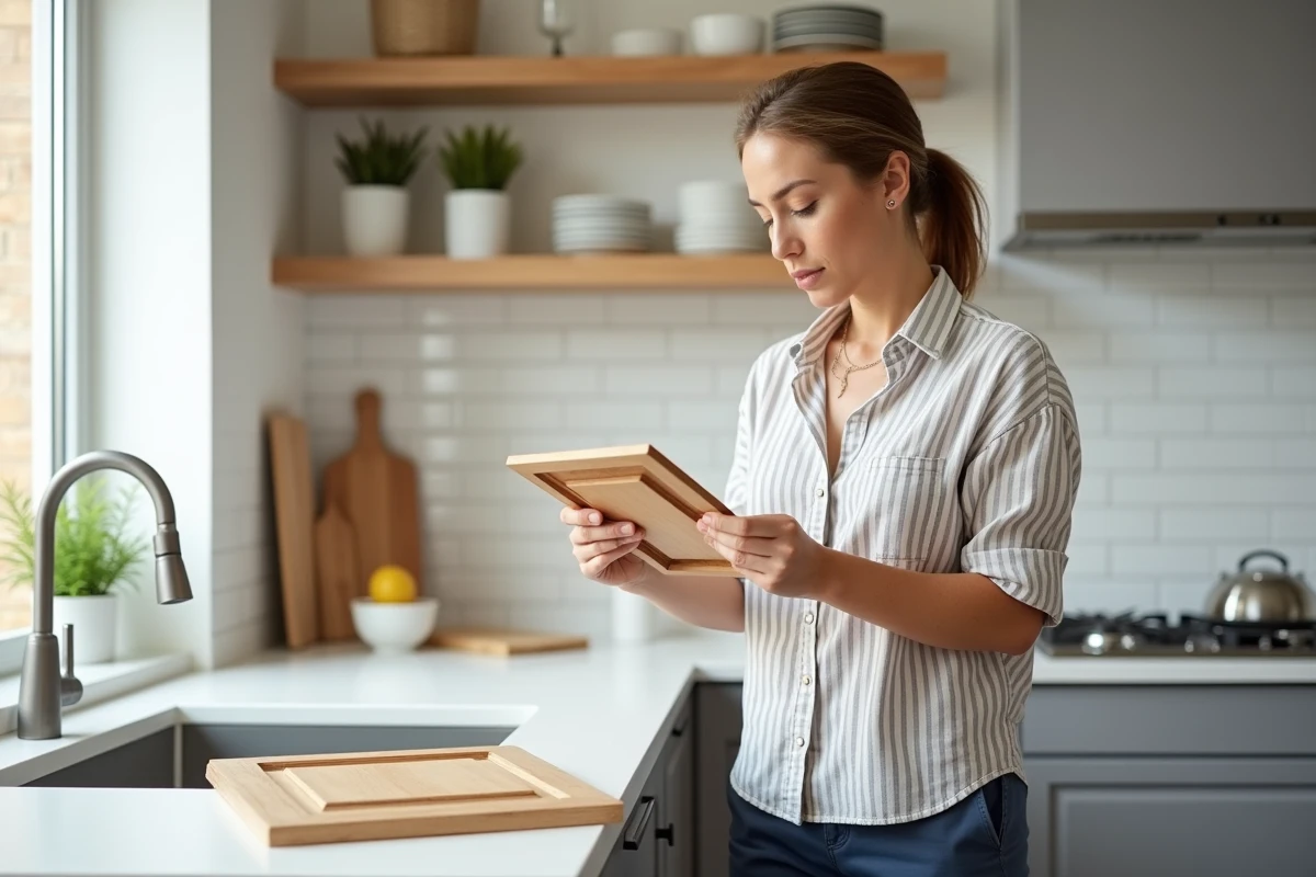 Femme comparant deux portes de placard peintes sur glycéro avec et sans primaire d'accrochage dans une cuisine