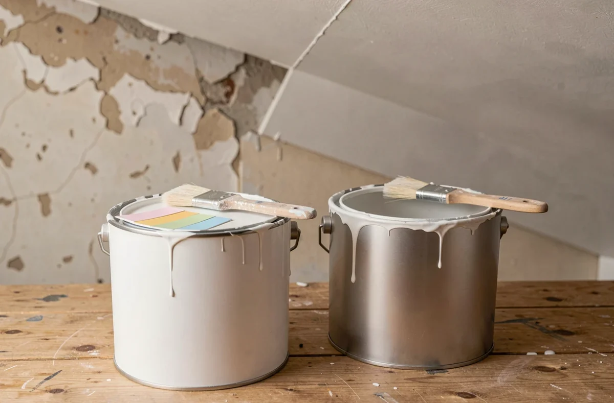 Comparaison entre pots de peinture mate et satinée pour plafond posés sur un établi lors d'une rénovation
