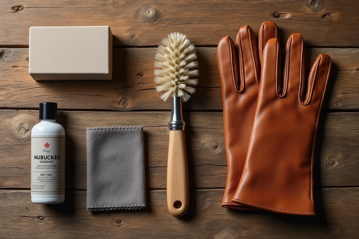 Vue à plat des outils d'entretien du cuir nubuck : gomme, nettoyant liquide, chiffon et brosse comparés