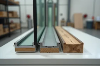 Comparatif de matériaux de cadre pour trappe cave en verre : aluminium, acier inoxydable et bois côte à côte sur un établi