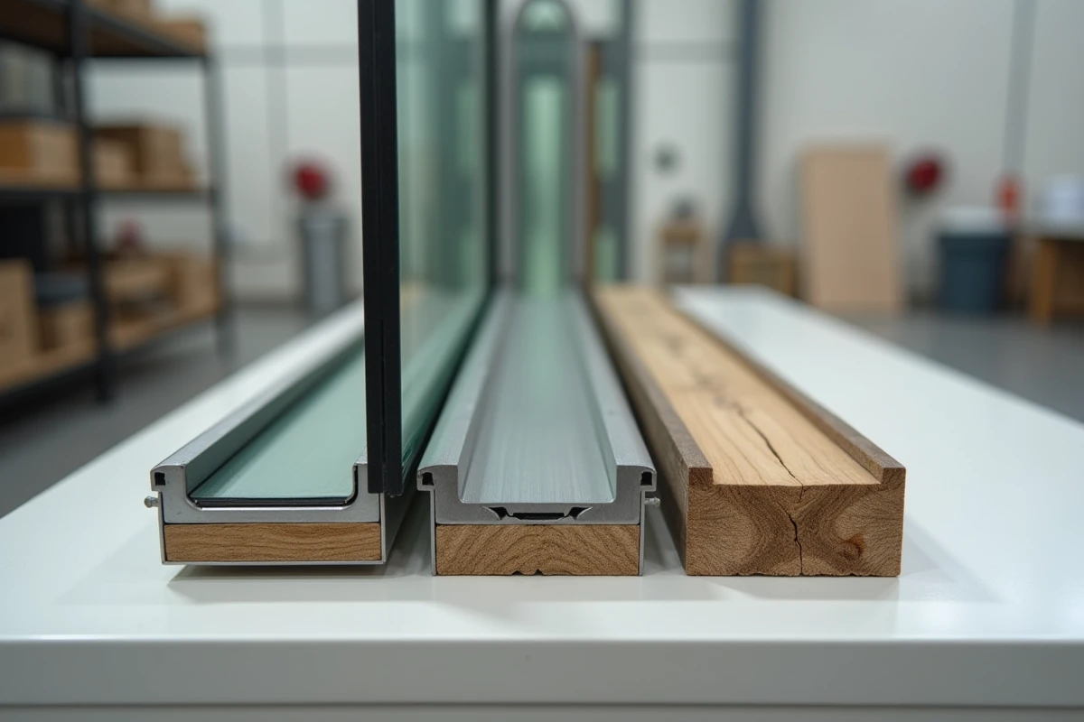 Comparatif de matériaux de cadre pour trappe cave en verre : aluminium, acier inoxydable et bois côte à côte sur un établi