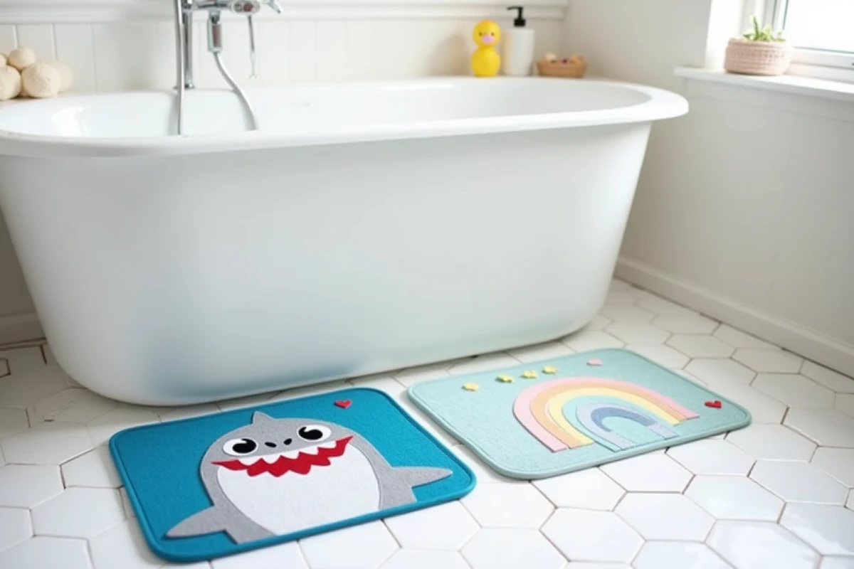 Deux tapis de bain antidérapants enfant devant une baignoire blanche dans une salle de bains carrelée après le bain
