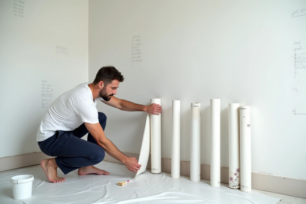 Homme comptant des rouleaux de papier peint posés contre un mur avant la pose dans une pièce vide