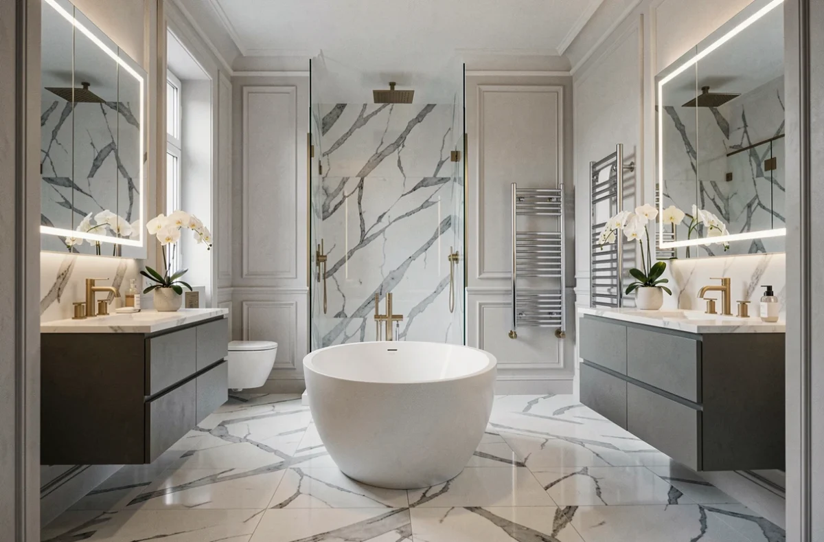 Salle de bain haut de gamme en Alsace avec baignoire îlot, marbre Calacatta et robinetterie dorée brossée