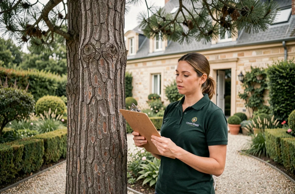 Conseillère en élagage inspectant un grand pin dans un jardin privé avec un carnet de notes, portant une tenue professionnelle