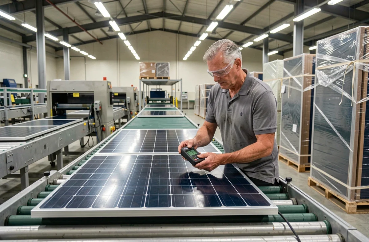 Contrôle qualité d'un panneau solaire fini sur une ligne de production industrielle par un inspecteur