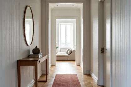 Couloir étroit décoré avec une console en chêne, un miroir ovale en laiton et un tapis de couloir terracotta dans un appartement parisien