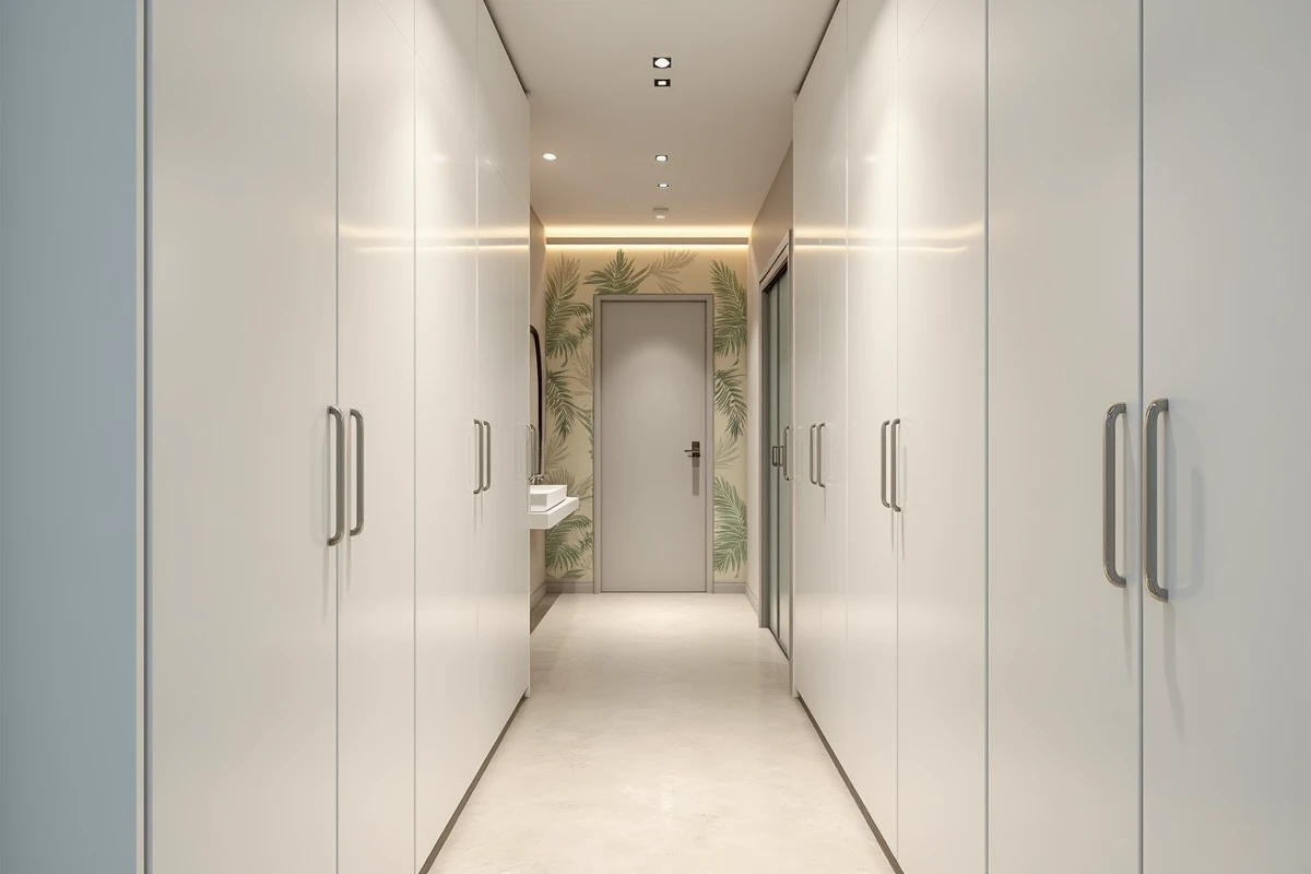 Couloir très étroit avec placards encastrés blancs, papier peint botanique et sol béton ciré dans un appartement moderne