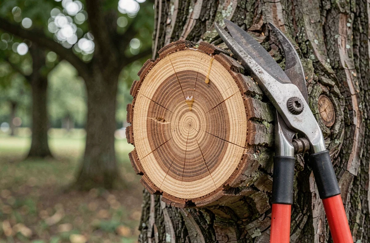 Gros plan sur une coupe d'élagage nette sur un tronc de chêne montrant les cernes du bois et un outil de taille professionnel posé contre l'écorce
