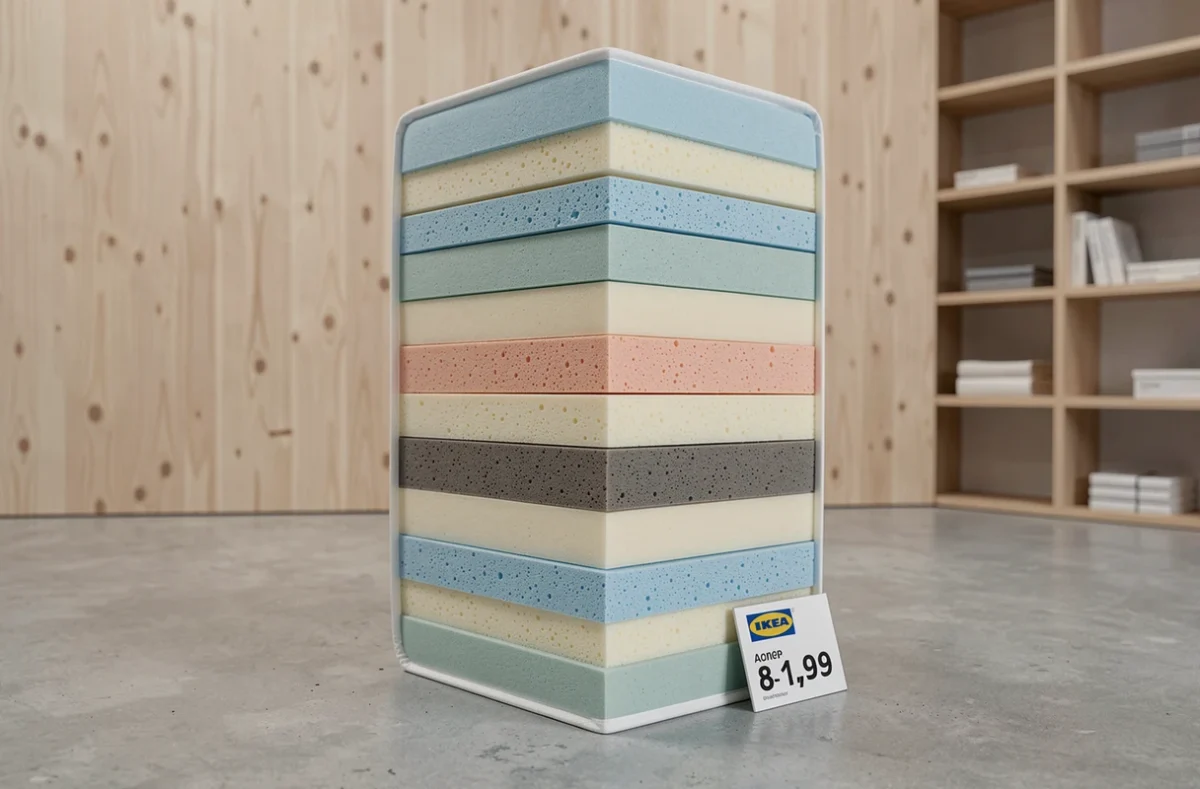 Gros plan sur la coupe transversale d'un matelas sultan Ikea montrant les couches de mousse haute densité et l'étiquette de prix