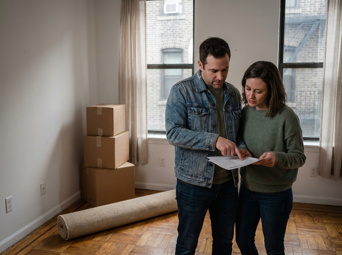 Couple dans un appartement vide consultant des documents pendant une période de déménagement avec stockage de meubles