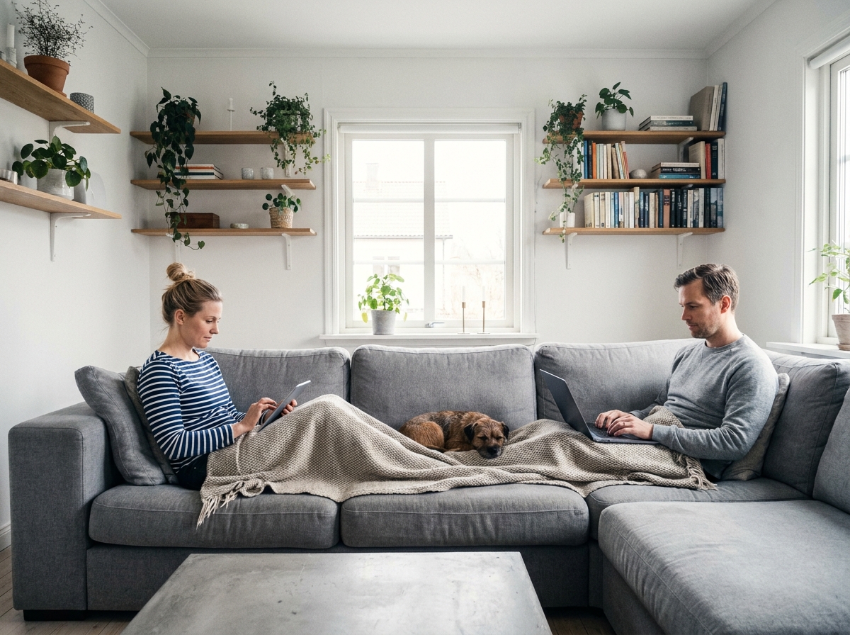 Couple sur un grand canapé modulable gris dans un intérieur scandinave minimaliste, chacun absorbé dans ses activités personnelles avec un chien entre eux