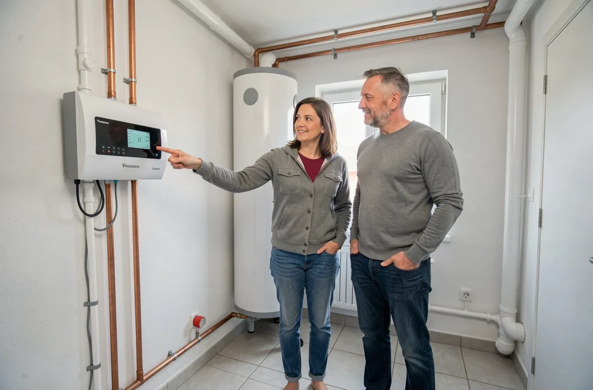 Couple découvrant le système de contrôle d'une pompe à chaleur Viessmann installée dans une chaufferie domestique