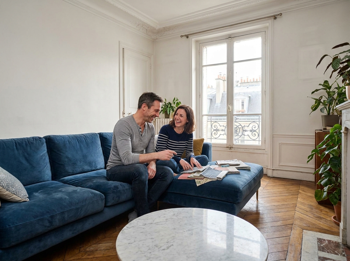 Couple choisissant des tissus pour leur canapé en L dans un salon parisien avec parquet en chevrons