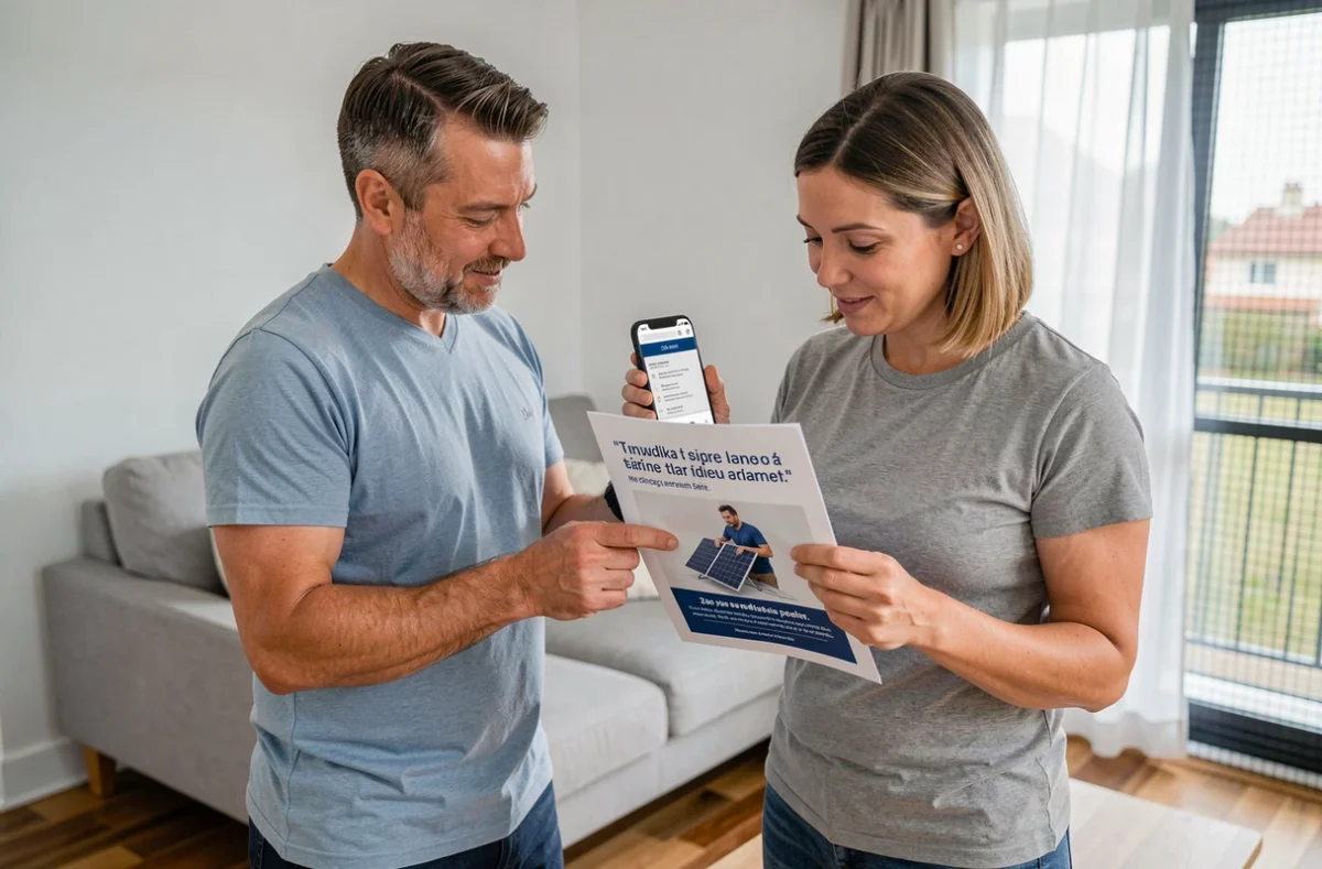 Couple comparant des devis pour un kit solaire et cherchant un code de réduction sur smartphone
