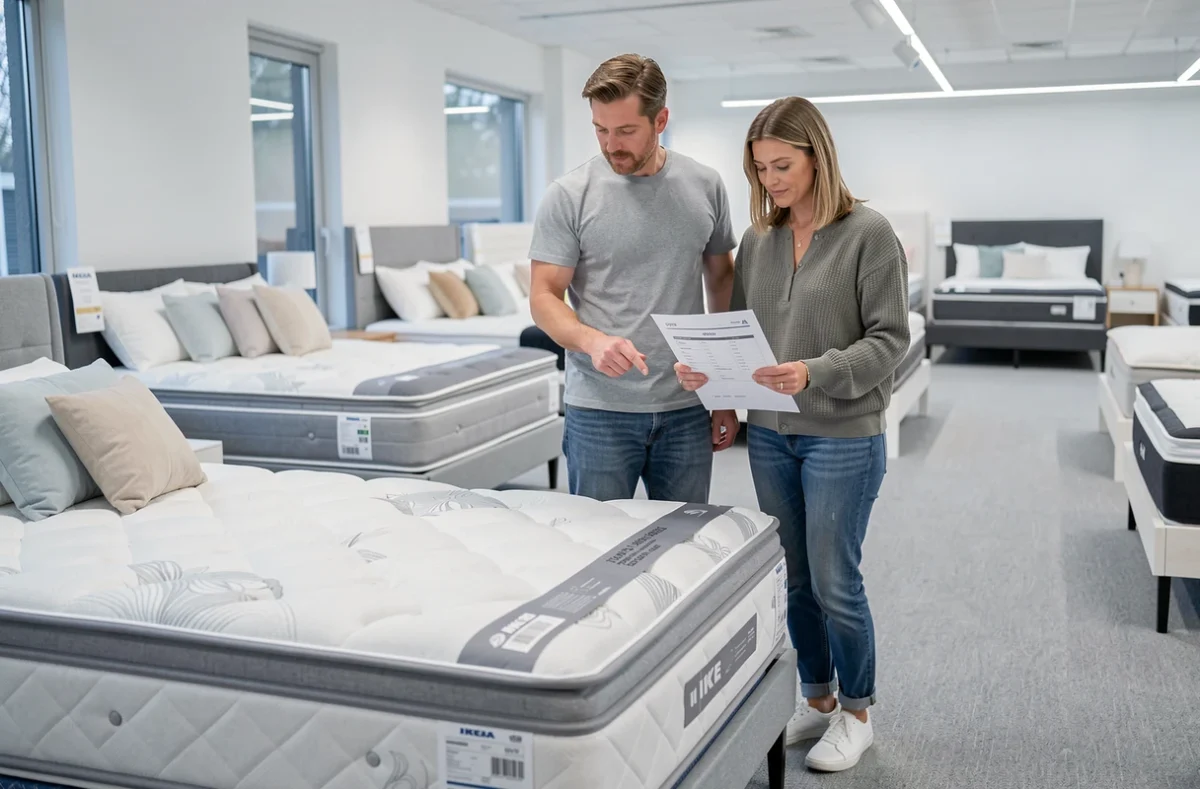 Couple comparant les prix d'un matelas sultan Ikea dans un showroom de meubles avec une liste de comparaison imprimée