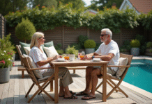 Couple d'âge moyen dans un patio extérieur élégant
