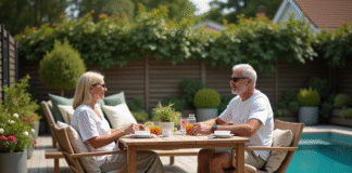 Couple d'âge moyen dans un patio extérieur élégant