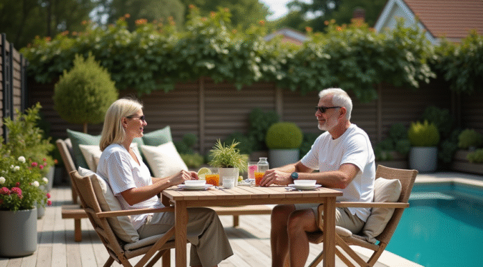 Couple d'âge moyen dans un patio extérieur élégant