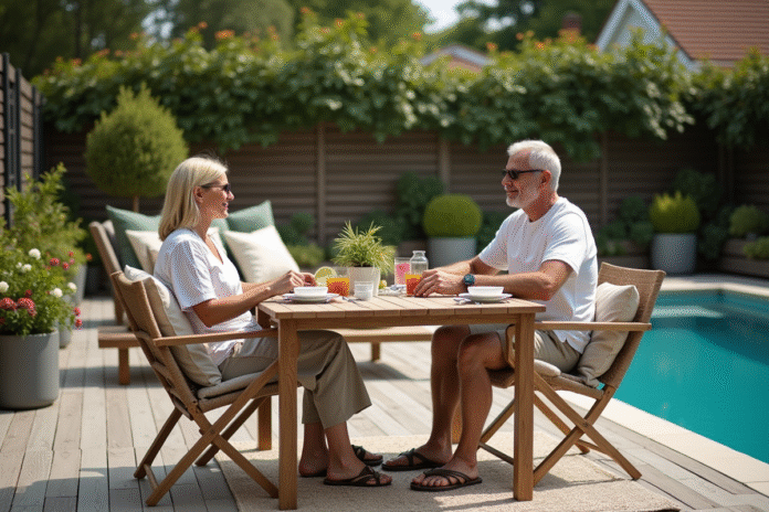 Couple d'âge moyen dans un patio extérieur élégant