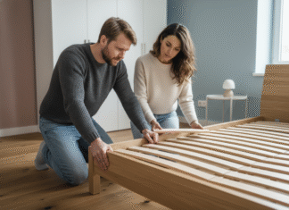 Comment bien choisir son sommier pour lit double ? Couple inspectant un lit double dans une chambre moderne