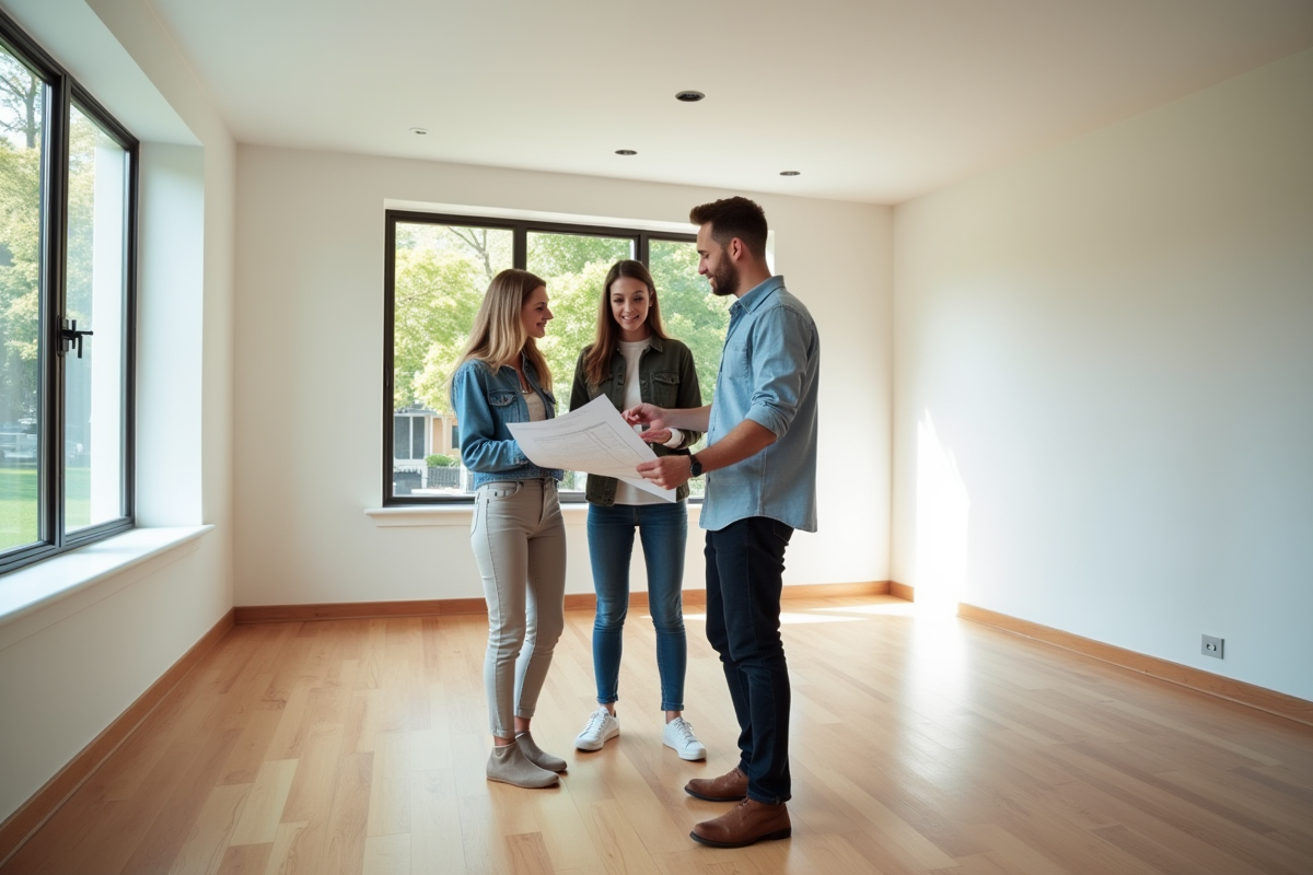 Jeune couple examinant plans dans une maison vide