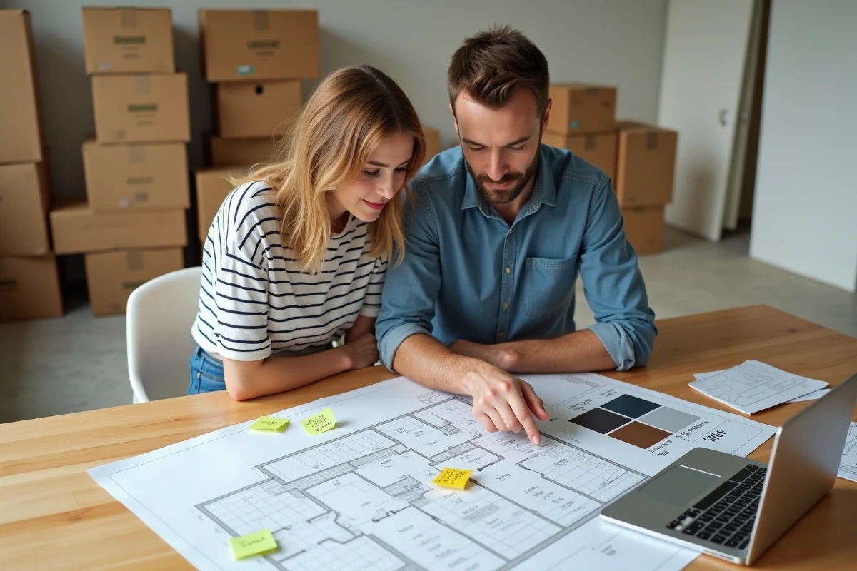 Couple en train de planifier les finitions et les surcoûts de leur rénovation avec des plans et un outil de budget en ligne
